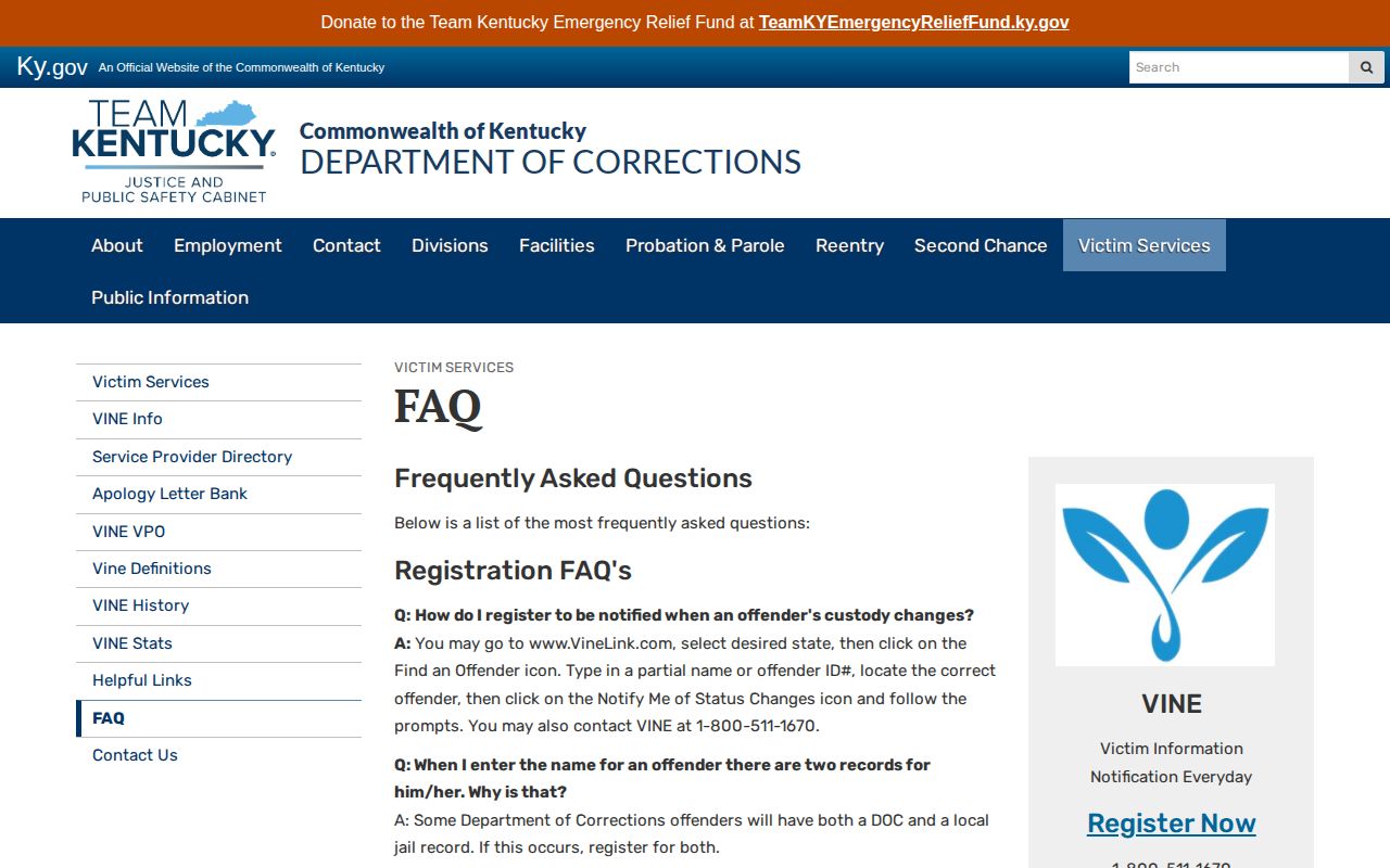 Kentucky VINE FAQ for Harrison County alert registration