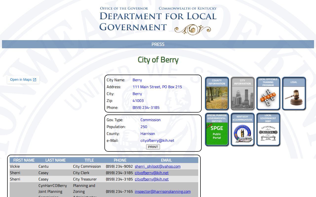 Kentucky Department for Local Government City of Berry directory record