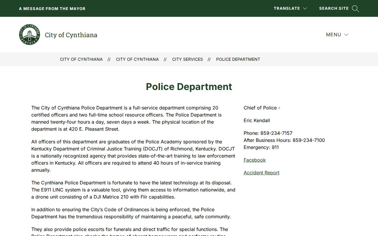 Official Cynthiana Police Department page for recent arrest records