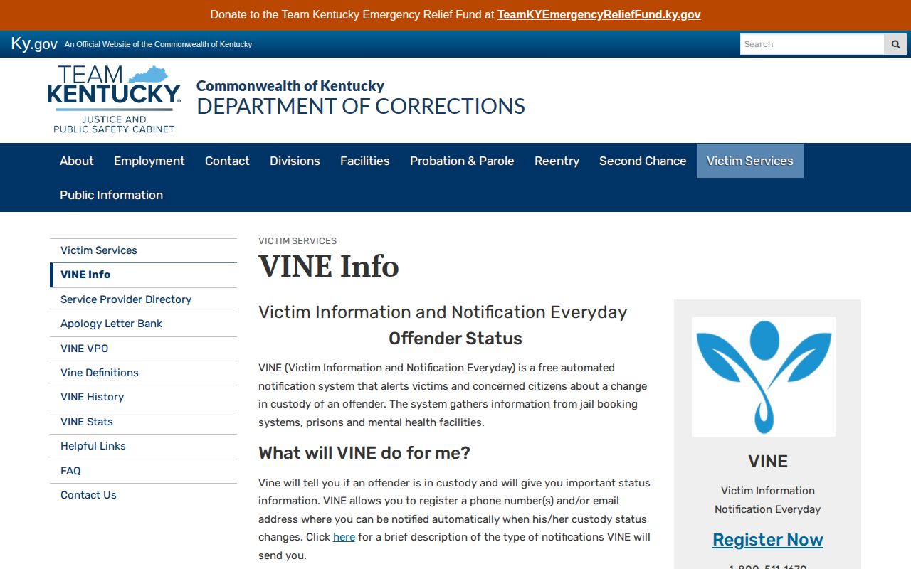 Kentucky VINE alert policy for Harrison County custody checks