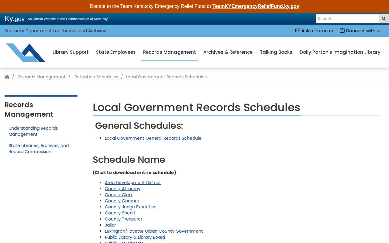 Kentucky local government records retention schedules page